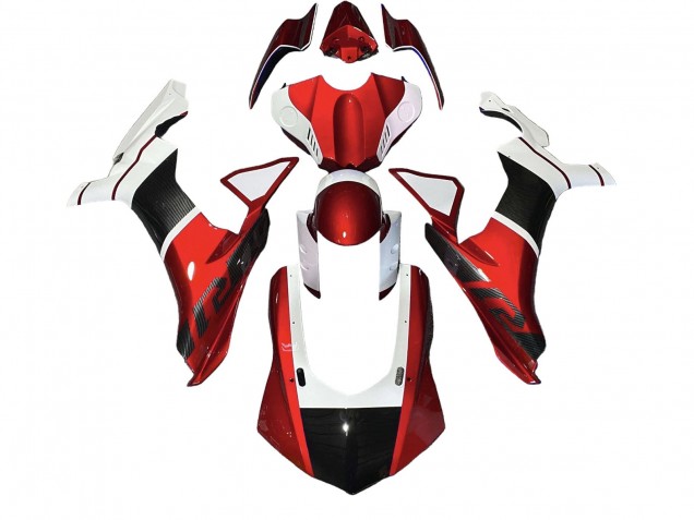 Lojas Carenagens Moto Yamaha YZF 1000 R1 2020-2025 - Branco Vermelho Falso Fibra de Carbono