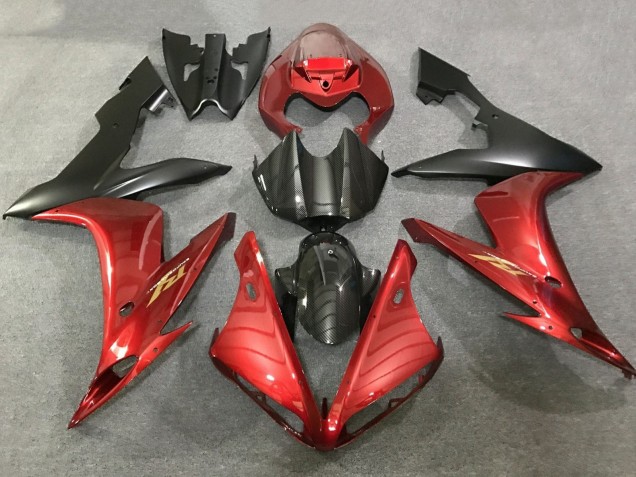 Lojas Carenagens Moto Yamaha YZF 1000 R1 2004-2006 - Vermelho Falso Fibra de Carbono Preto Fosco