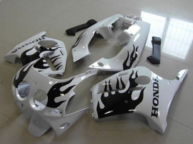 Lojas Carenagens Moto Honda CBR250RR MC19 1988-1989 - Branco Preto Brilhante Chama