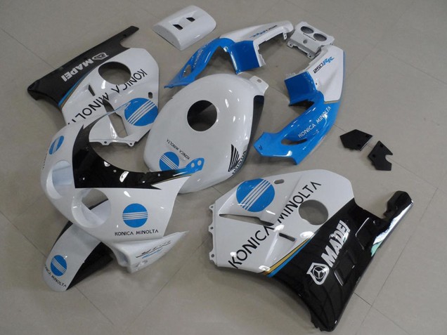 Lojas Carenagens Moto Honda CBR250RR MC22 1990-1998 - Branco Azul Preto Brilhante Konica Minolta