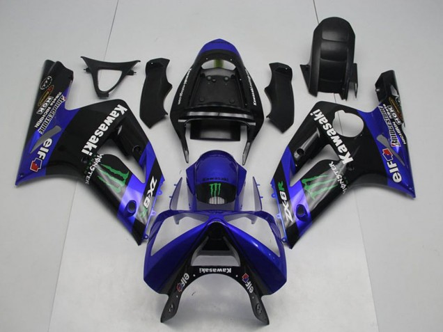 Lojas Carenagens Moto Kawasaki ZX6R 2003-2004 - Preto Brilhante Azul Verde Monstro