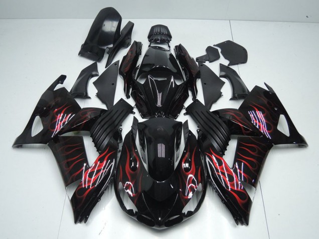 Lojas Carenagens Moto Kawasaki ZX14R ZZR1400 2006-2011 - Preto Brilhante Vermelho Chama