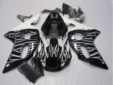 Lojas Carenagens Moto Yamaha YZF R6 1998-2002 - Preto Brilhante Branco Chama