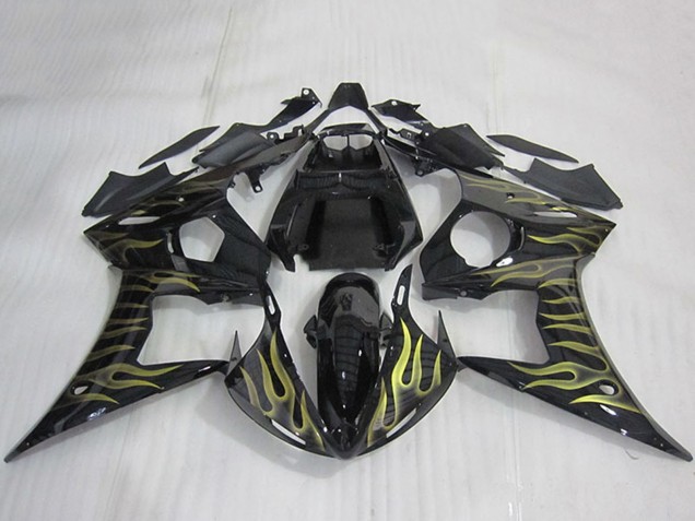 Lojas Carenagens Moto Yamaha YZF R6 2003-2004 - Preto Brilhante Ouro Chama