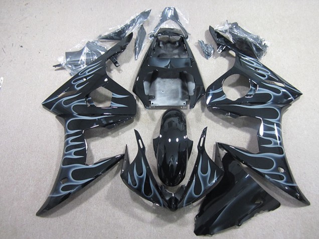 Lojas Carenagens Moto Yamaha YZF R6 2003-2004 - Preto Brilhante Prata Chama