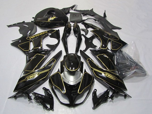 Lojas Carenagens Moto Kawasaki ZX6R 2009-2012 - Preto Brilhante Prata Ouro