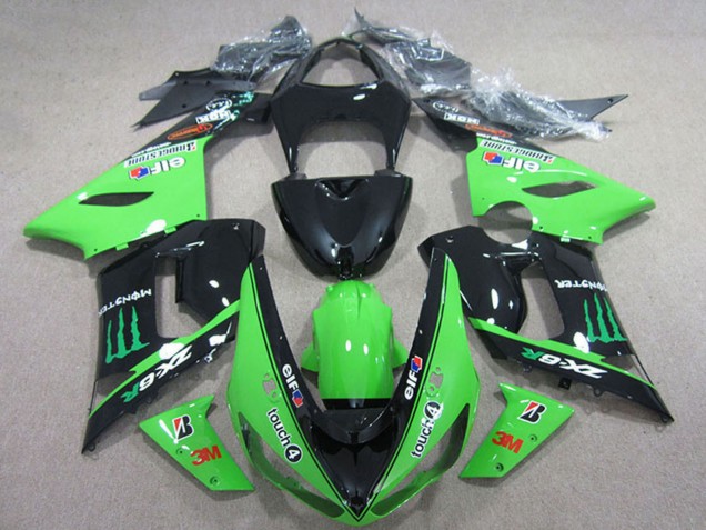 Lojas Carenagens Moto Kawasaki ZX6R 2005-2006 - Preto Brilhante Verde Elf Touch4 Bridgestone Monstro