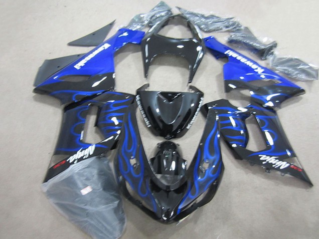 Lojas Carenagens Moto Kawasaki ZX6R 2005-2006 - Preto Brilhante Azul Chama