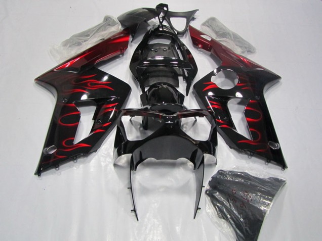 Lojas Carenagem Moto Kawasaki ZX6R 2003-2004 - Preto Brilhante Vermelho Chama