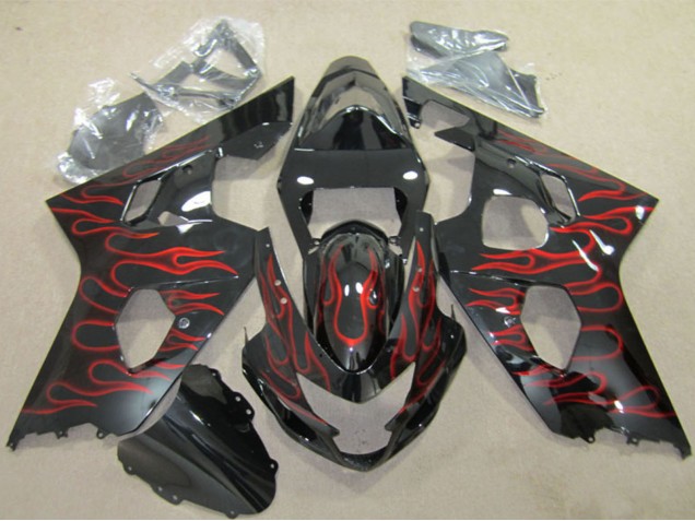 Lojas Carenagens Moto Suzuki GSXR 600 2004-2005 - Preto Brilhante Vermelho Chama